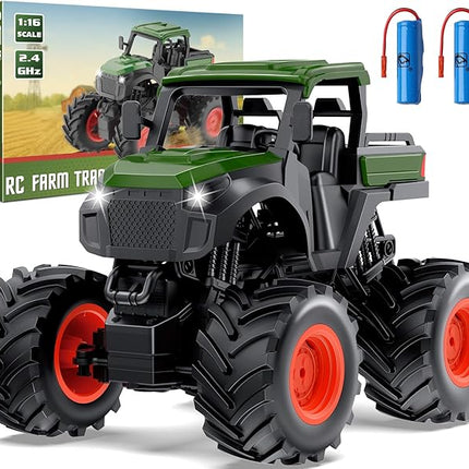 1:16 Remote Control Tractor Toy, RC Monster Truck Toys, 2.4GHz Farm Cars with 2×800mAh, LED Lights, Realistic Working Sounds, Green Toy Vehicle Birthday Gift for Kids Boys Girls 4-12 Year Old