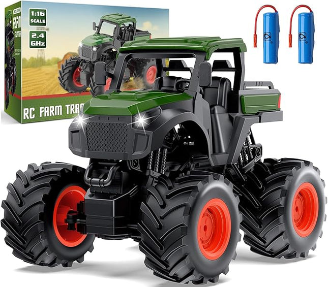 1:16 Remote Control Tractor Toy, RC Monster Truck Toys, 2.4GHz Farm Cars with 2×800mAh, LED Lights, Realistic Working Sounds, Green Toy Vehicle Birthday Gift for Kids Boys Girls 4-12 Year Old