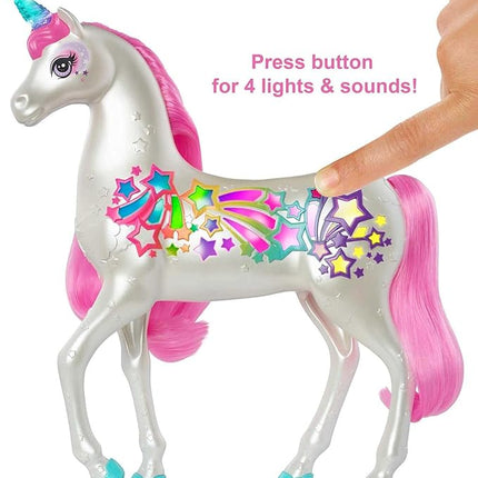 Barbie Dreamtopia Unicorn, Brush 'n Sparkle Interactive Toy with Lights & Sounds, Magical Brush Accessory, White Unicorn with Pink Mane & Light-Up Stars