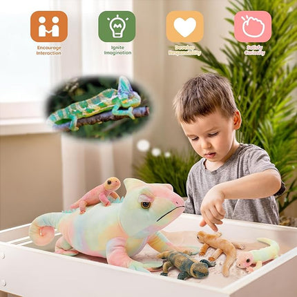 MorisMos 27" Giant Chameleon Stuffed Animal with 4 Baby Lizard Plush Toys for Kid Girl Boy,Realistic Rainbow Chameleon Plush Mama & Baby Lizard Stuffed Animals Gift for Birthday Decor,CE/CPC Certified