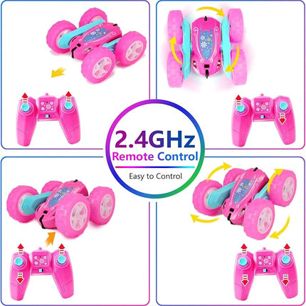 FREE TO FLY Remote Control Car for Girls : Pink RC Car Double Sided 360°Flip Stunt Cars with Headlights & WheelLights Rechargeable Toy Car Birthday Gifts for Girl Kids Age 6 7 8 9 10 11 12 Year Old