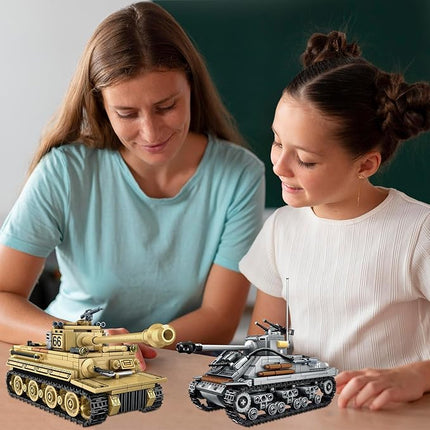 WW2 2 in 1 Army Tank Building Blocks Kit Create an American M4 Sherman & a German Tiger Tank Military Toy Sets Birthday for Age 6+ Children Teens Adults 1184 Pieces