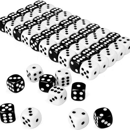 50 Pieces White Black Dice Set (16mm 6-Sided) - 25 White Dice and 25 Black Dice with Bold Pips for Board Games, Math Learning, Educational Activities, Family Game Nights