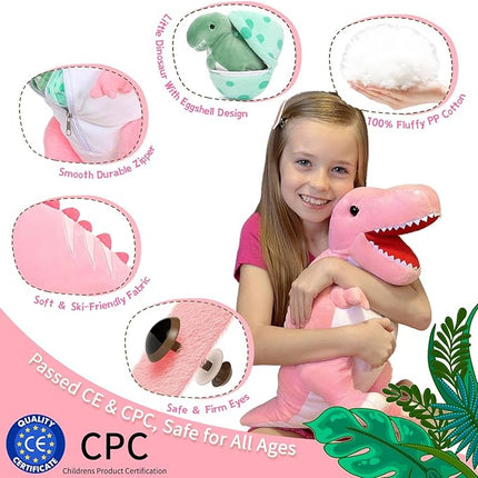 MorisMos Dinosaur Stuffed Animal with Babies,23.6'' Big Mommy Stuffed Dino T-rex with 3 Baby Dino Stuffed Toys & 3 Eggs Plush Inside Belly, Boy Girl Dinosaur Toys for Kids 3-5, Pink T-rex Toys Gift