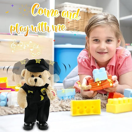 Houwsbaby 14" Electronic Police Teddy Bear Stuffed Animal Dancing Music Singing Waving Interactive Teddy Bear Plush Toy Presents for Kids Boys Girls Birthday