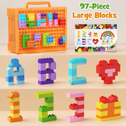 97PCS Building Blocks Set with Storage Box & Base Plate - STEM Educational Toys for Toddlers, Kids Ages 3+, Compatible with Major Large Particle Building Block