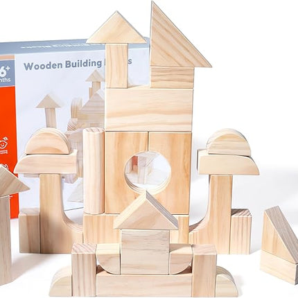 Large Wooden Building Blocks Set - Educational Preschool Learning Toys with Wooden Storage Box, Toddler Blocks Building and Stacking Toys for 3+ Year Old Boy and Girl Gifts
