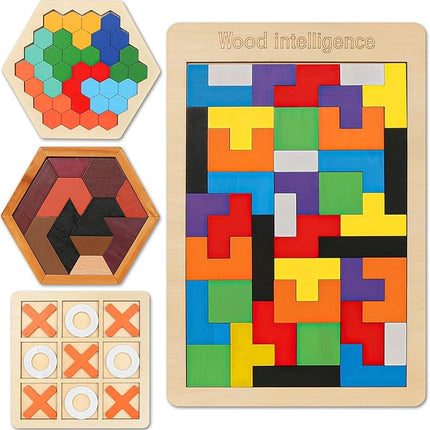 Skrtuan Wooden Hexagon Puzzle for Kid Adults Pattern Blocks Brain Teasers Tangram Puzzles Toy Jigsaw Board Geometry Logic IQ Travel Game STEM Montessori Educational Toys Gift, Puzzle Set, 4 Pack