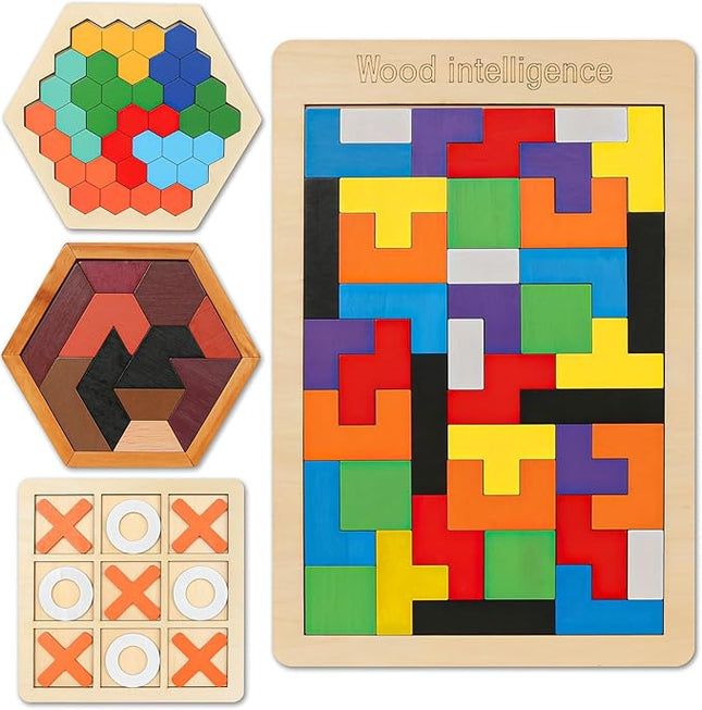 Skrtuan Wooden Hexagon Puzzle for Kid Adults Pattern Blocks Brain Teasers Tangram Puzzles Toy Jigsaw Board Geometry Logic IQ Travel Game STEM Montessori Educational Toys Gift, Puzzle Set, 4 Pack