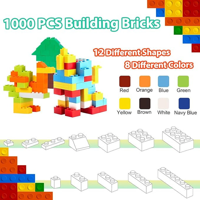 Building Blocks Set 1000PCS Building Bricks, Classic Bulk Building Blocks with 3 Pack 20x20 Studs Baseplates, Compatible with All Major Brands