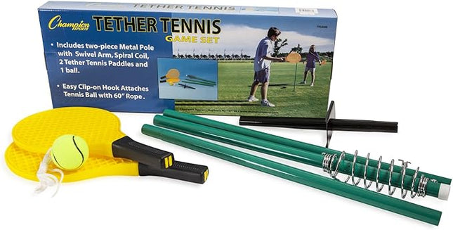 Champion Sports TTGAME Tetherball Tennis: Swingball Outdoor Lawn Game for Kids, Adults, and Families - Backyard Tether Kit with Tennis Ball and Paddle Set