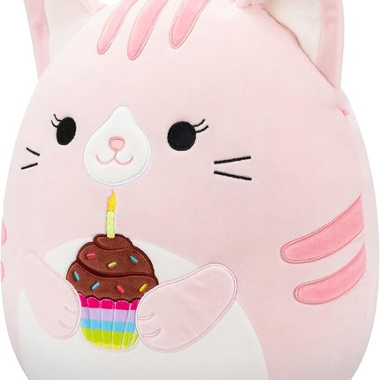 Squishmallows Original 14in Laura The Pink Tabby Cat Holding Birthday Cupcake – Official Jazwares Plush (Large)