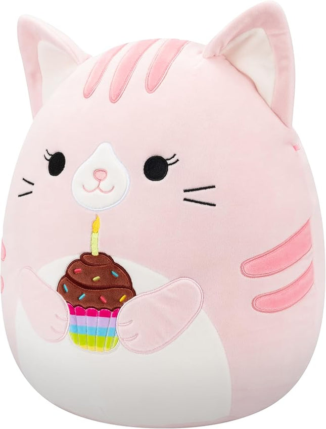 Squishmallows Original 14in Laura The Pink Tabby Cat Holding Birthday Cupcake – Official Jazwares Plush (Large)