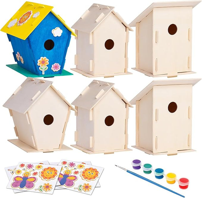 Neliblu DIY 12 Wooden Bird House Kits - Creative Arts and Crafts Set for Kids and Adults - Unfinished Wood Birdhouses with Paint Strips, Brushes, Stickers and Strings - 3 Unique Shapes, 2 Sizes