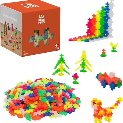 PLUS PLUS - Open Play Set - 600 Piece - Neon Color Mix, Construction Building Stem Toy, Interlocking Mini Puzzle Blocks for Kids
