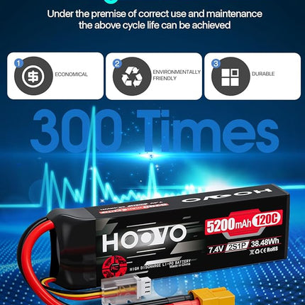 HOOVO 2S Lipo Battery, 7.4V 5200mAh 120C RC Battery Pack,Softcase with XT60 Plug for RC Car Truck Buggy Crawler Airplane Boat RC Vehicle,2Packs