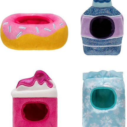 Squishville by Original Squishmallows Snack Machine Accessory Pack - Four 2-inch Squishmallows Plush Including Bluby, Kaoko, Scarlett, and Paulton and Four Plush Costumes - Toys for Kids