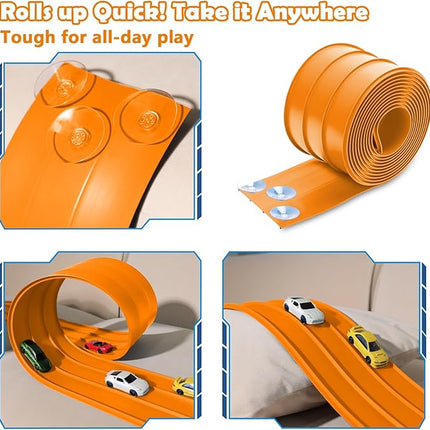 3-Lane Flexible Race Track for Kids 15ft Race Car Track Compatible with Hot Wheels, Matchbox and Diecast 1/64 Scale Cars, Flexible Car Track Race Ramp Toy with Strong Suction Cups