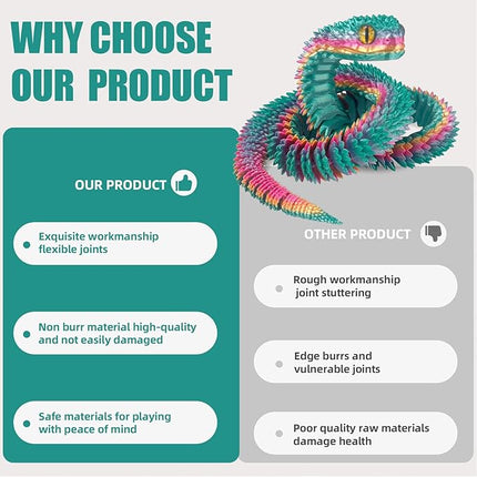 20.2 Inch 3D Printed Snake Toys,3D Printed Animals,3D Printed Toys,3-D Print Articulated Viper Collectible for Home Office Executive Desk Decoration (Rainbow)