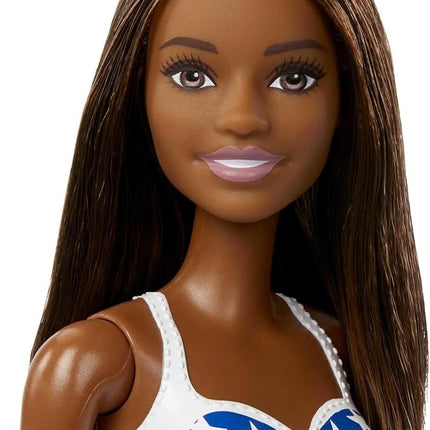 Barbie Doll with Beach Theme in American Flag Stars and Stripes Swimsuit, Brunette