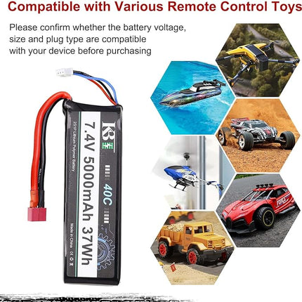KBT 2S 7.4V LiPo High Discharge Rate Battery 40C(Burst 80C) 5000mAh Rechargeable Soft Pack Lithium Polymer Battery with T Plug for RC Car Boat Trucks 1/8 1/10 Racing Buggy