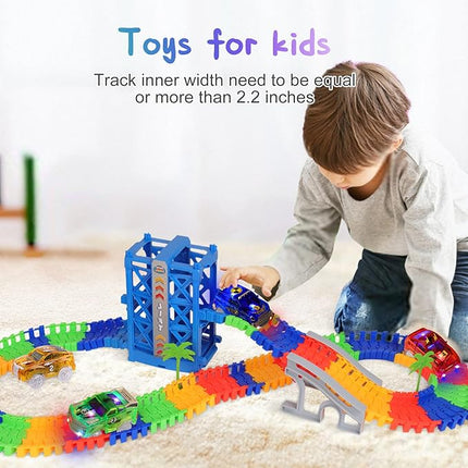 Track Cars Magic Toy Gifts 4 Pack Replacement Track Cars for 3 4 5 6 7 8 Years Old Kids Boys Girls Toy Track Cars with 5 LED Lights Glow in The Dark Compatible with Most Tracks