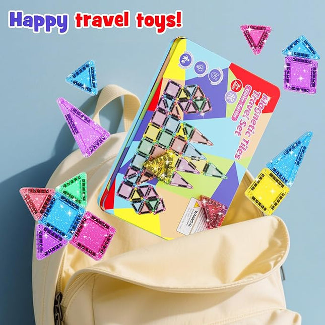 Travel Mini Magnetic Tiles Glitter Construction Set 42Pcs，Magnetic Building Blocks Stem Gift Travel Toys for Kids for Boys and Girls Ages 3+