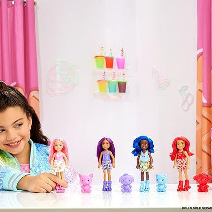 Barbie Pop Reveal Chelsea Small Doll, Fruit Series with 5 Surprises Including Pop-It Pet & Accessories, Features Scent & Color Change (Styles May Vary)