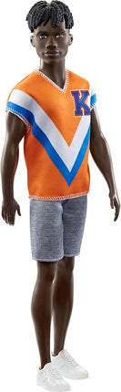 Barbie Fashionistas Ken Fashion Doll with Twisted Black Hair Wearing Orange Athletic Jersey, Shorts & White Sneakers