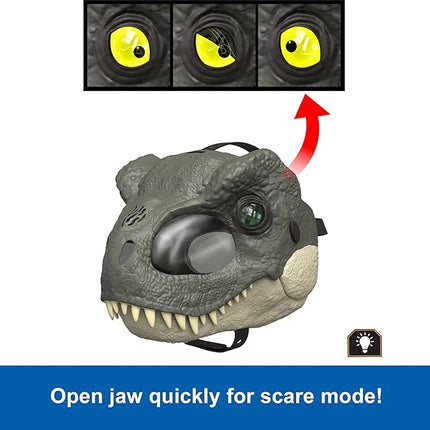 Mattel Jurassic World Rebirth T-Rex Rage N Roar Mask with LED Light Up Eyes, Blink Action with 3 Level Aggression Effect, Dinosaur Costume Headgear Toy