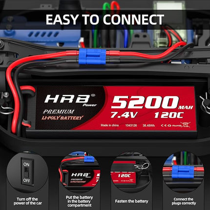 HRB 2packs 2S 5200mAh Lipo Battery with EC5 Plug 7.4V 120C Hardcase RC Lipo Battery Compatible with RC Car Airplane Helicopter Truck Boat