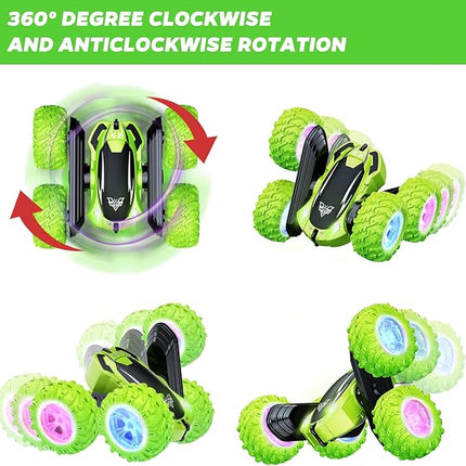 KKONES Remote Control Car, 2.4GHz Electric Race Stunt Car, Double Sided 360° Rolling Rotating Rotation, LED Headlights RC 4WD High Speed Off Road Gift for 3 4 5 6 7 8-12 Year Old Boy Toys (Green)