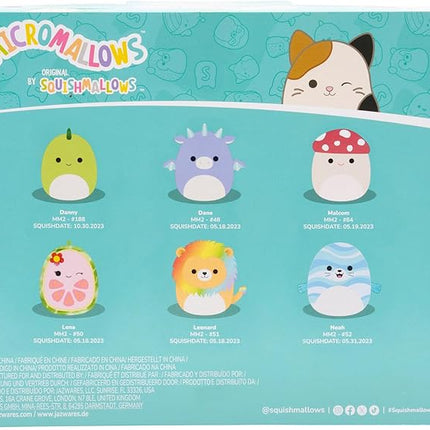 Squishmallows Original Micromallows 6-Pack – Danny Dinosaur, Dane Dragon, Malcolm Mushroom, Lena Guava Fruit, Leonard Lion, Noah Seal