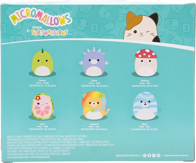 Squishmallows Original Micromallows 6-Pack – Danny Dinosaur, Dane Dragon, Malcolm Mushroom, Lena Guava Fruit, Leonard Lion, Noah Seal