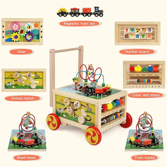 Wooden Activity Cube 7-in-1 Montessori Toys for 1+ Year Old Boys Girls Educational Learning Toys for Toddlers Age 1-2 One Year Old First Birthday Gift Bead Maze Magnetic Trains Track Shape Sorter
