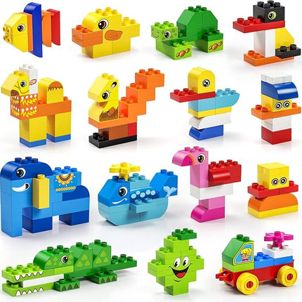 burgkidz Educational Toy Classic Big Size Bricks Building Blocks, Large Compatible Animal Building Bricks with Reusable Storage Bucket Gift for Boy Girl Ages 3+