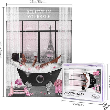 African American Jigsaw Puzzles 500 Pieces for Adults, Bath Time Drinking Scene, Black Woman Wooden Puzzle for Stress Relief, Challenging Brain Teaser & Home Decor