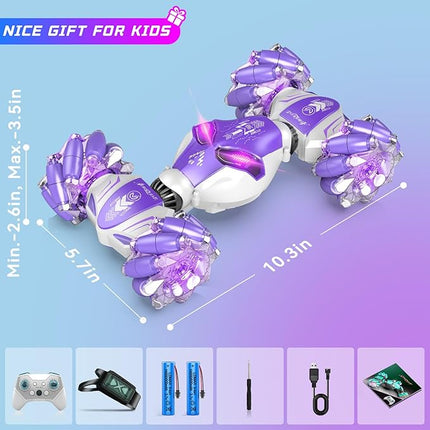 Gesture Sensing Remote Control Car, 2.4GHz 4WD RC Drift Stunt Hand-Controlled Cars for Boys Age 8-12, All-Terrain Off-Road Twist Toys with Lights Music for Christmas Birthday Gifts (Purple)