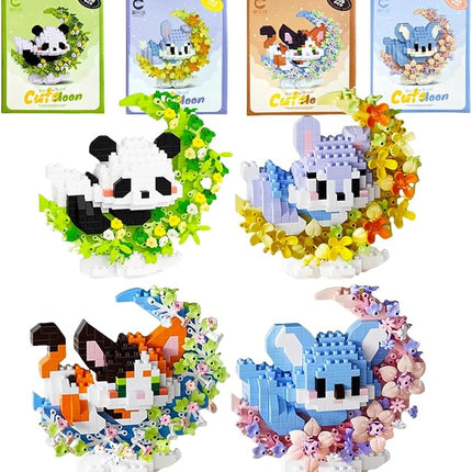 4 Packs Micro Building Block Sets, Cute Animals Micro Set with Flower and Moon, Building Blocks for Adults, Ideal for Collection and Desktop Decoration (Panda Bunny Cat Koala)