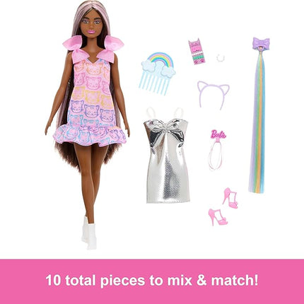 Barbie Fun & Fancy Fashion Doll & Accessories, with Extra-Long Black Hair & 2 Looks, Including Silver Dress & Hair Extension