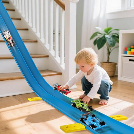 Ancaixin Flexible Race Track 17Ft Toys for Kids, Car Track with 4 Small Racecars Compatible with Hot Wheels and Diecast 1/64th Cars, Rolls Up Portable Racetrack, Birthday Gifts for Boys Girls Ages 3+