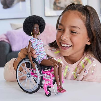 Barbie Doll with Wheelchair and Ramp, Kids Toys, Barbie Fashionistas, Curly Black Hair, Rainbow Heart Romper, Clothes and Accessories