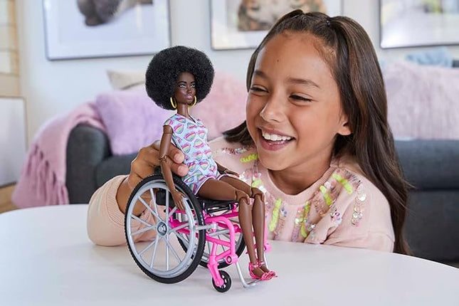 Barbie Doll with Wheelchair and Ramp, Kids Toys, Barbie Fashionistas, Curly Black Hair, Rainbow Heart Romper, Clothes and Accessories