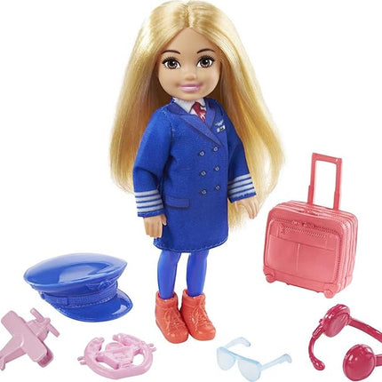 Barbie Chelsea Can Be Playset with Blonde Chelsea Pilot Doll (6-in), Luggage, Headset, Cockpit Wheel, Mini Plane, Glasses, Great Gift for Ages 3 Years Old & Up