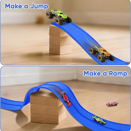 15 Ft Double Sided Flexible Race Track Set with 6 Toy Cars for Kids (Blue)