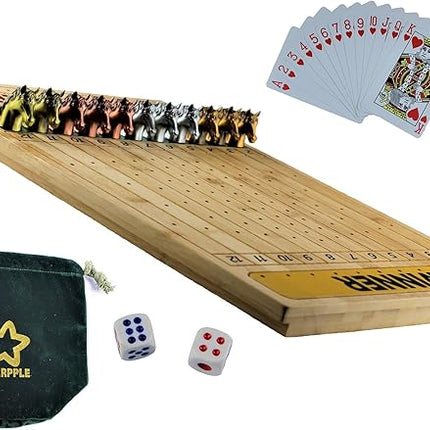 Metal Horse Race Board Game Set with Horse Racing Thick & Solid Wood Game Board(16”/Natural),11 Luxurious with 4Antique(Gold,Silver,Red Cooper&Bronze) Metal Craft Horses, Dice&Cards (HR-M554)