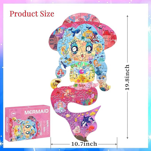 Puzzles for Kids Ages 4-6,4-8,8-10, 70 Piece Mermaid Shaped Kids Puzzles Jigsaw Puzzles Birthday Party Favors Gift for Kid Girls Age 4 6 7 8 Learning Educational