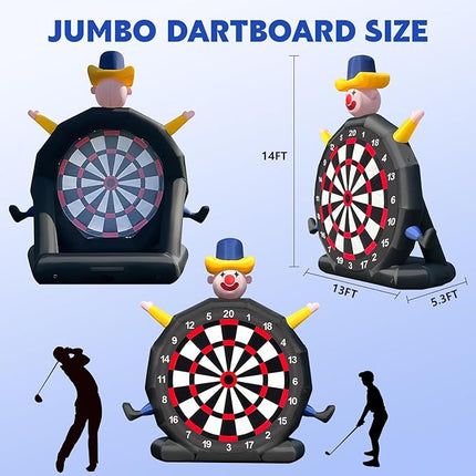 13FT Giant Inflatable Soccer Dart Board with Built-in Blower - Clown Themed Sport Kick Dartboard Perfect for Adults Family Parties,Carnival, Includes 8 Golf Balls, 2 Telescoping Club, 2 Soccer Balls