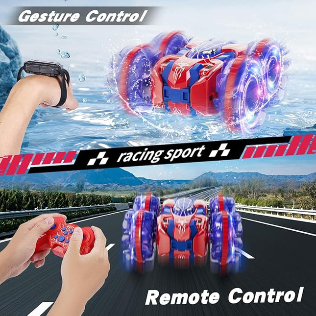 4WD Waterproof RC Car, 2.4 GHz Land & Water Remote Control Car Remote Control Boat for kids, 360°Rotation RC Truck Stunt Cars with LED Lights, Boys Girls Gifts All Terrain Water Beach Pool Toy