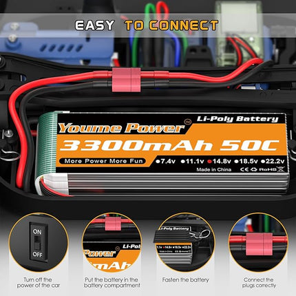 Lipo 4S Battery,14.8v 3300mAh Lipo Battery Pack 50C with T Plug for RC Helicopter Airplane Boat Quadcopter (2 Packs)